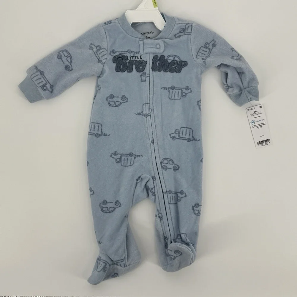Carter's Baby Boy 'Little Brother' Car Print Fleece Sleep & Play‎ Pajamas Blue